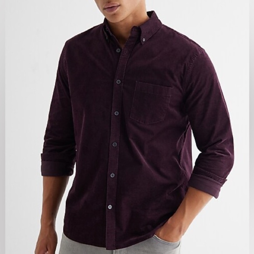 Express Men’s Solid Stretch Corduroy Shirt in Burgundy / Merlot | Large | NEW